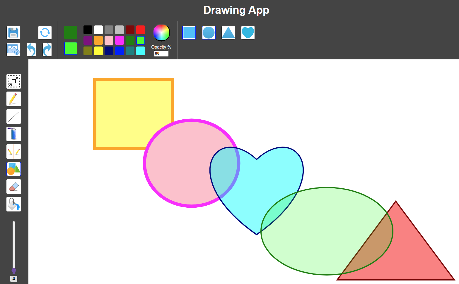 Overlapping Shapes with different level of opacity drawn on the canvas.