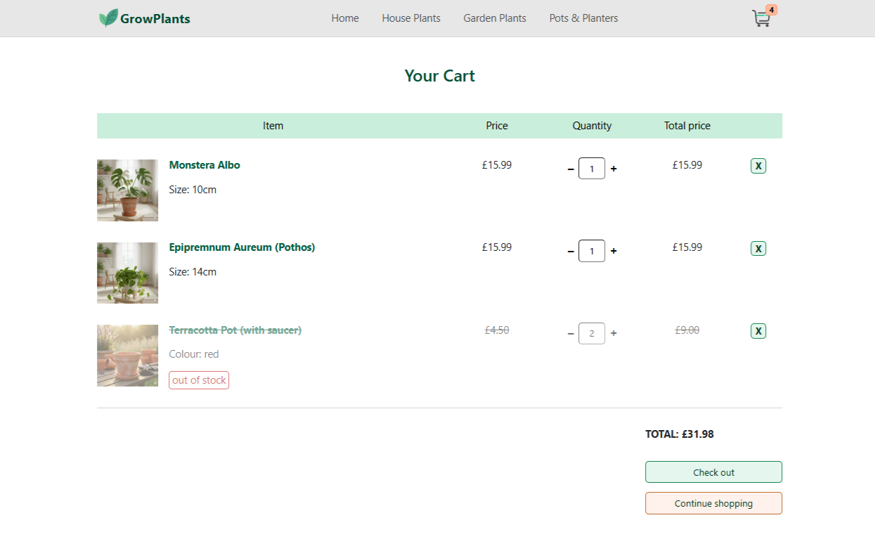 Screenshot of the growplants cart page